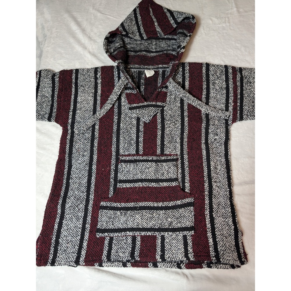 Vintage Mexican Baja Hoodie Drug Rug Burgundy Black Striped Pullover Mens M